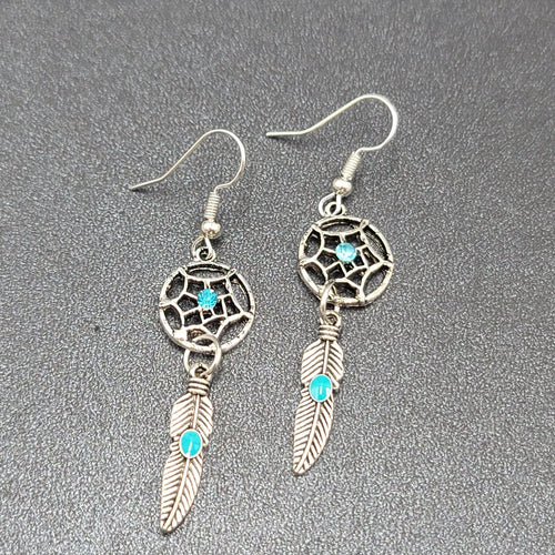 Dreamcatcher Pierced Earrings Silver tone Blue Rhinestone Enamel Feather  1 5/8"