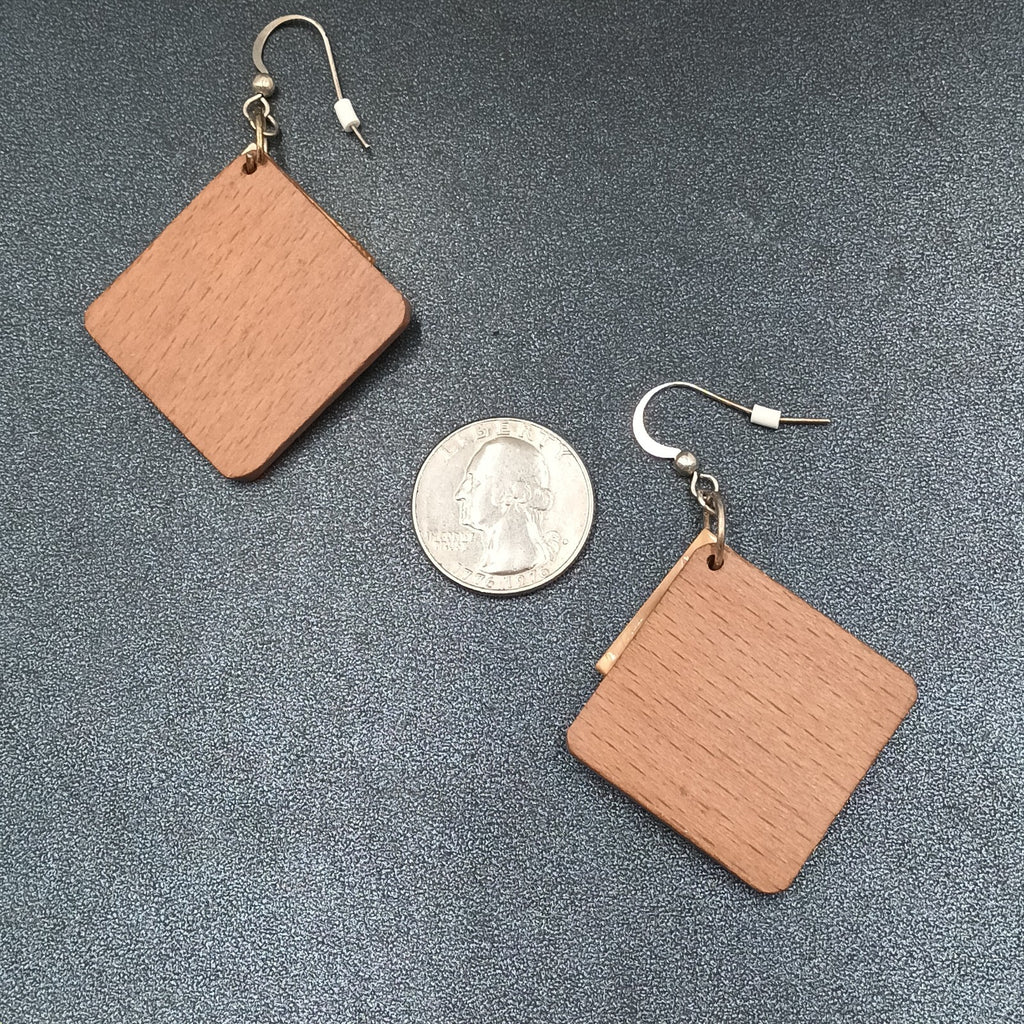 Pierced Earrings Wood Shell Square Geometric Silver tone Hook Dangle 1 3/4"