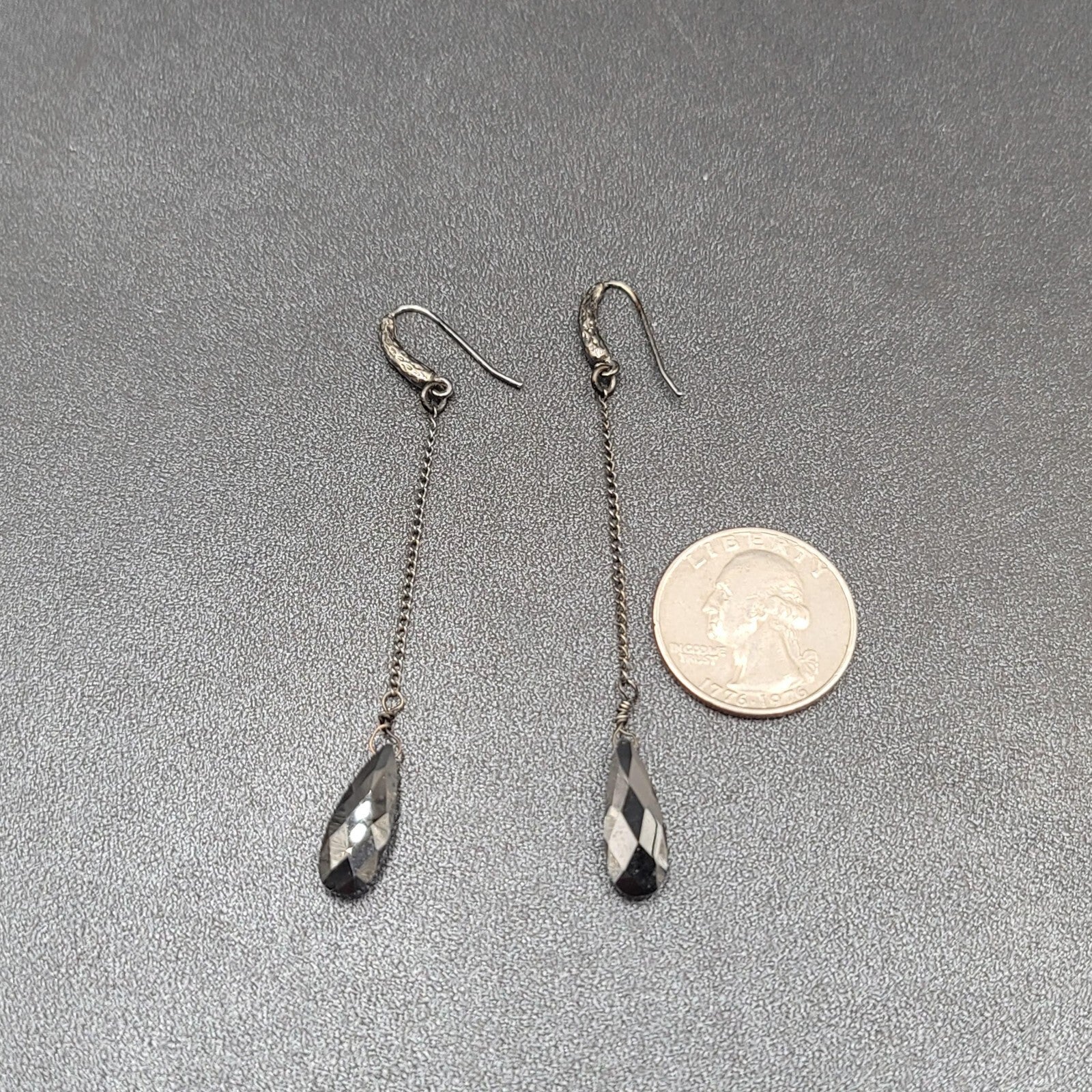 Pierced Earrings Gun Metal Black Glass Faceted Teardrop Bead Dangle Chain 2.5"