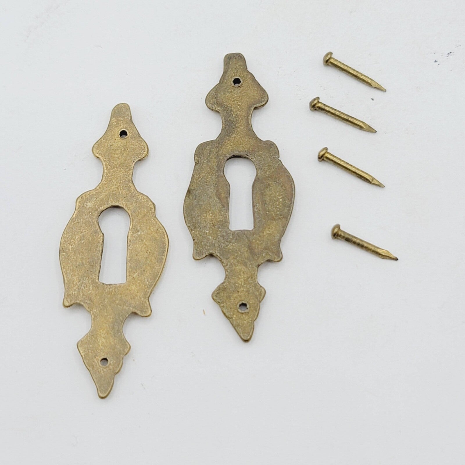 Set of 2  Vintage Oval Brass Skeleton Key hole Escutcheon Salvage Lot 4 Nails