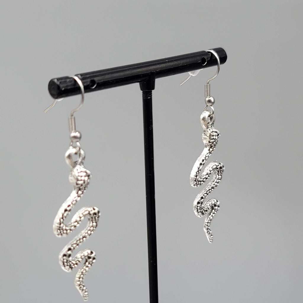 Snake Pierced Earrings Silver tone Embossed Dangle 1.5"