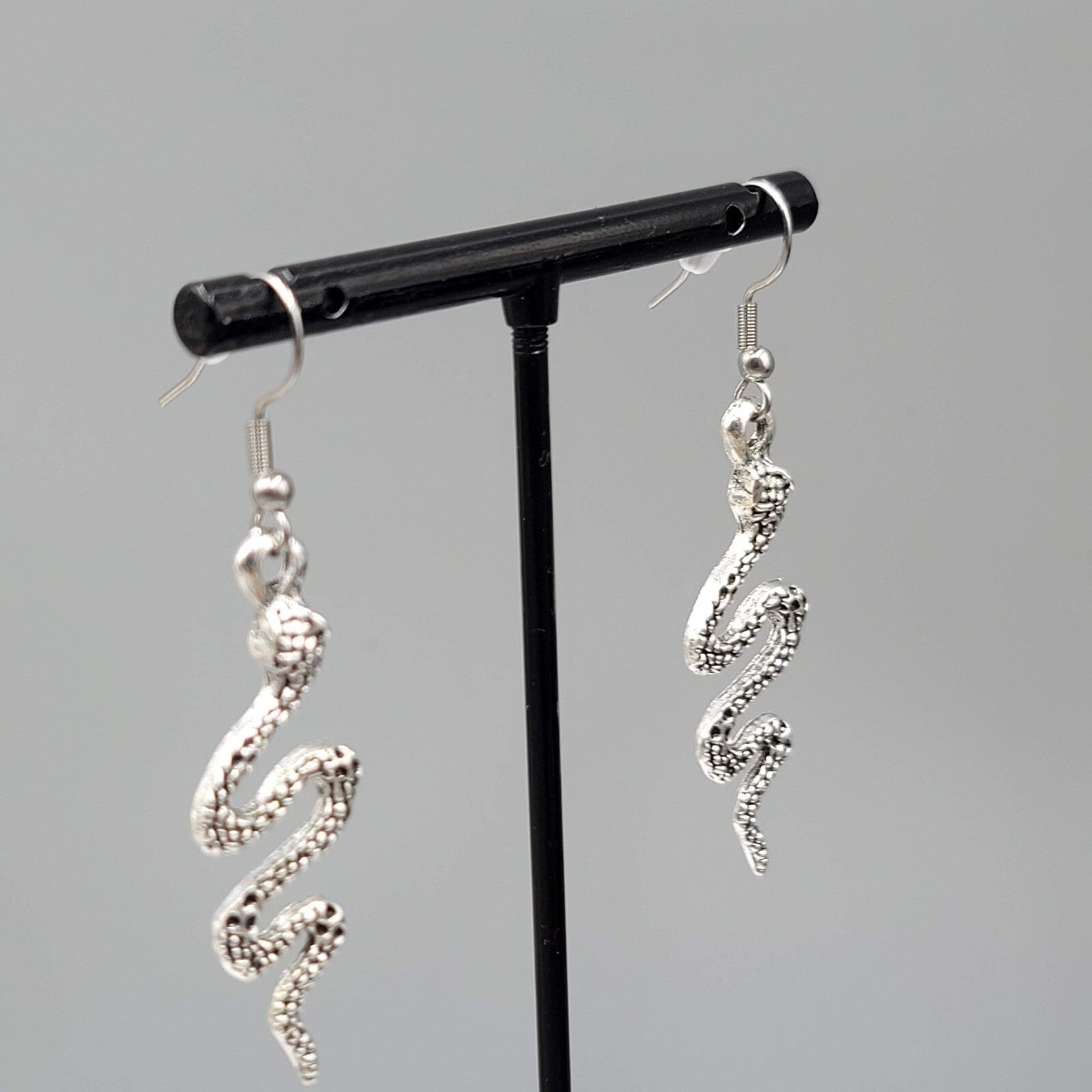 Snake Pierced Earrings Silver tone Embossed Dangle 1.5"