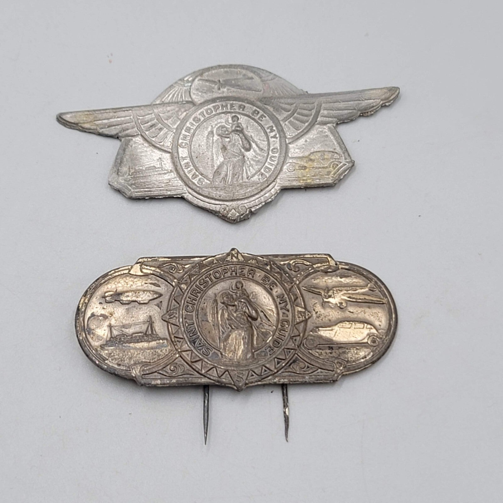 Vintage St Christopher Medal Car Visor Clip Badge Plane Boat Automobile Lot of 2