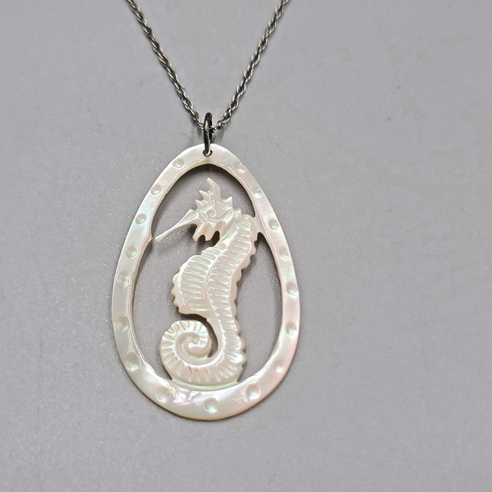 Vintage Seahorse Sterling Silver Necklace Hand Carved Mother of Pearl Pendant 18