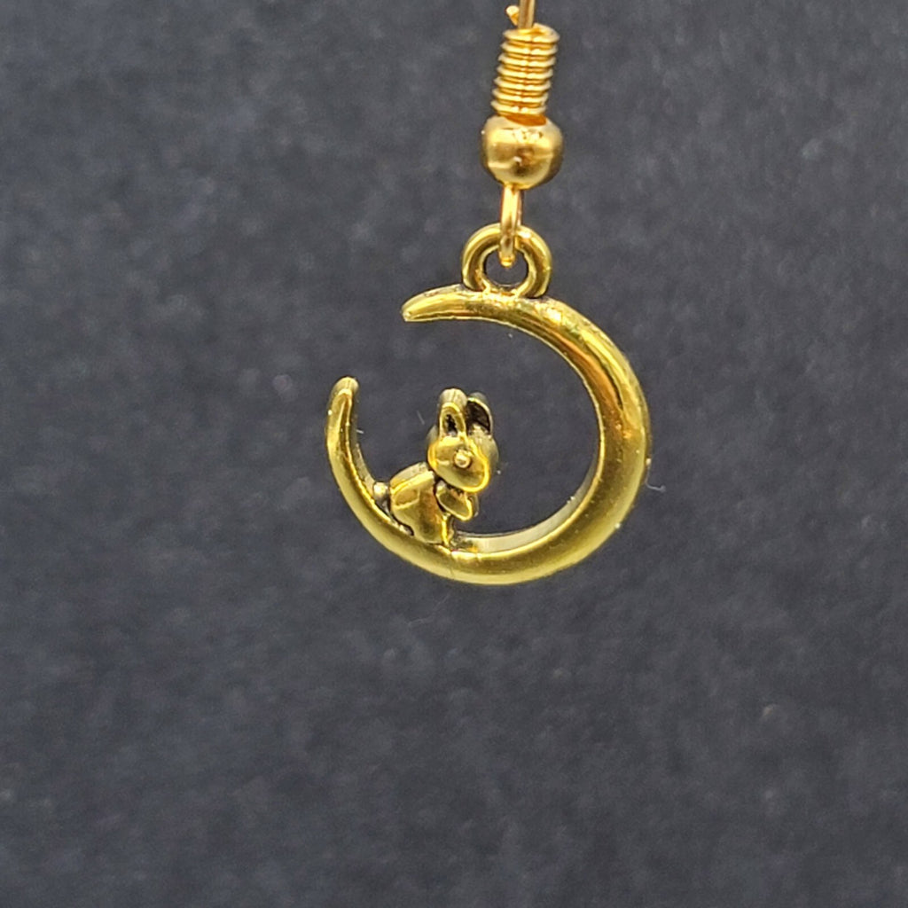 New Bunny Rabbit on Crescent Moon Pierced Earrings Gold tone Dangle 5/8"