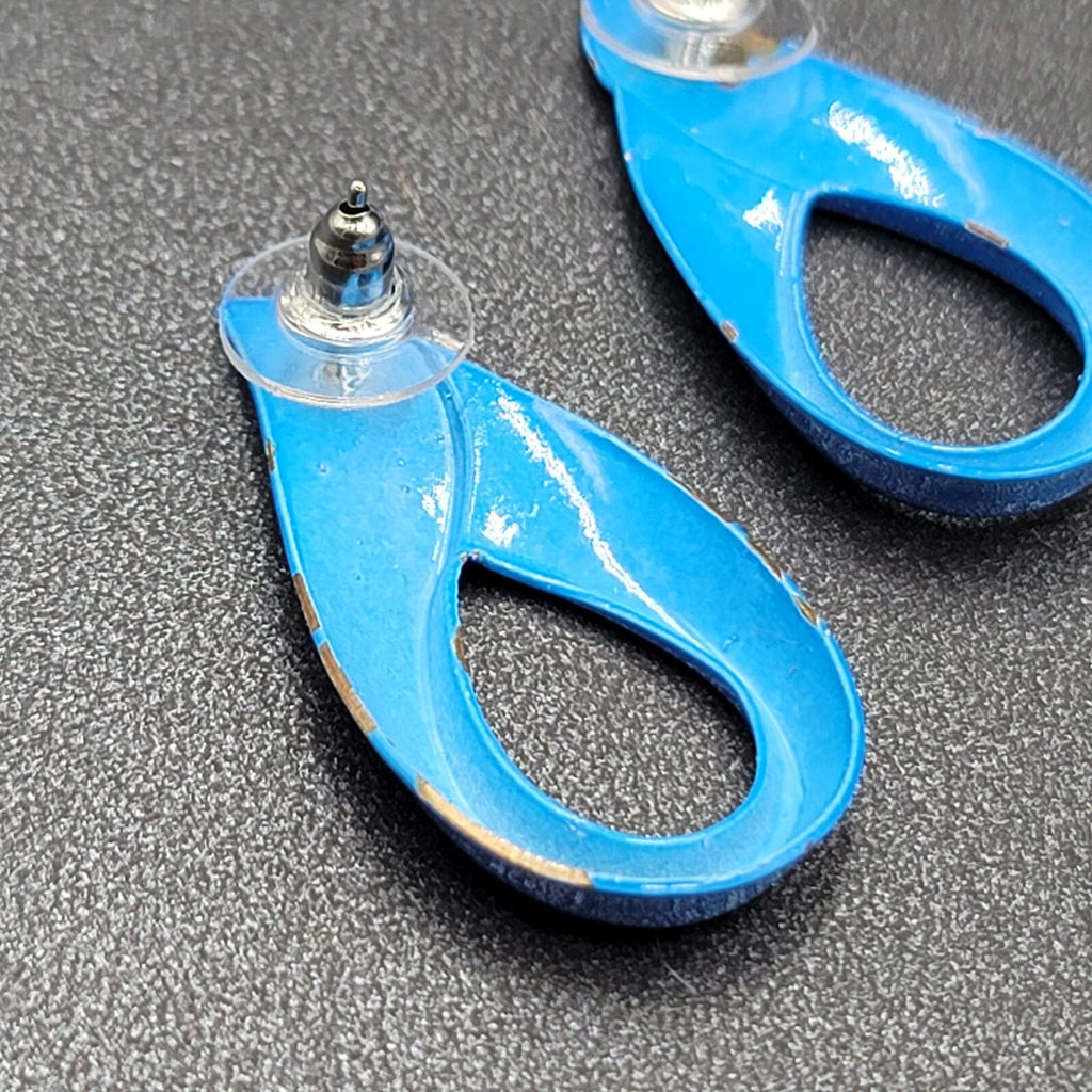 Vintage Pierced Earrings Blue Enamel over Metal Open Teardrop 1 3/8"