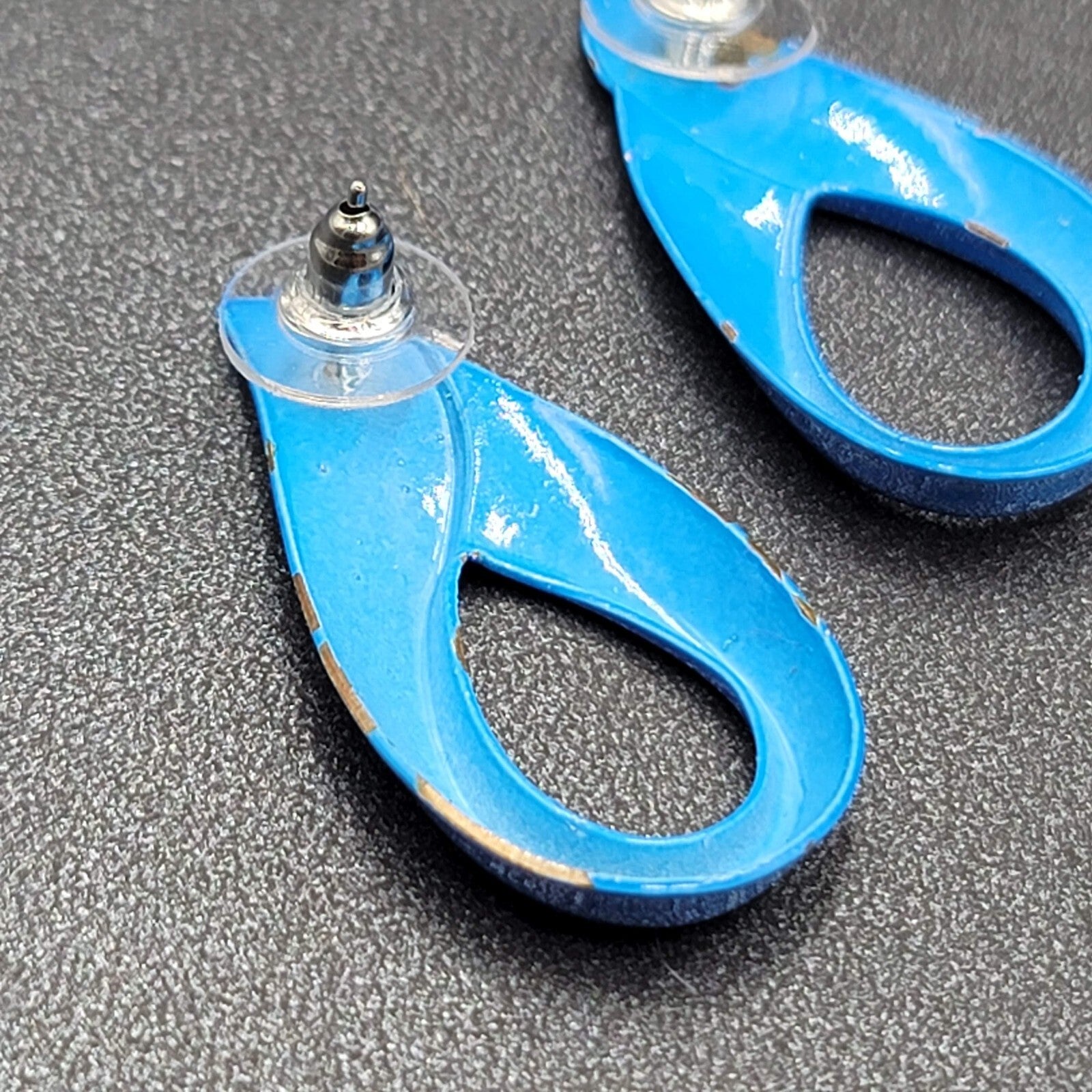 Vintage Pierced Earrings Blue Enamel over Metal Open Teardrop 1 3/8"