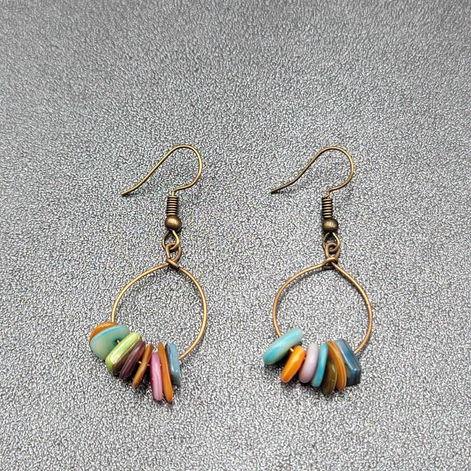 Pierced Earrings Multicolor Shell Beads Dangle Hoops 1 1/8"