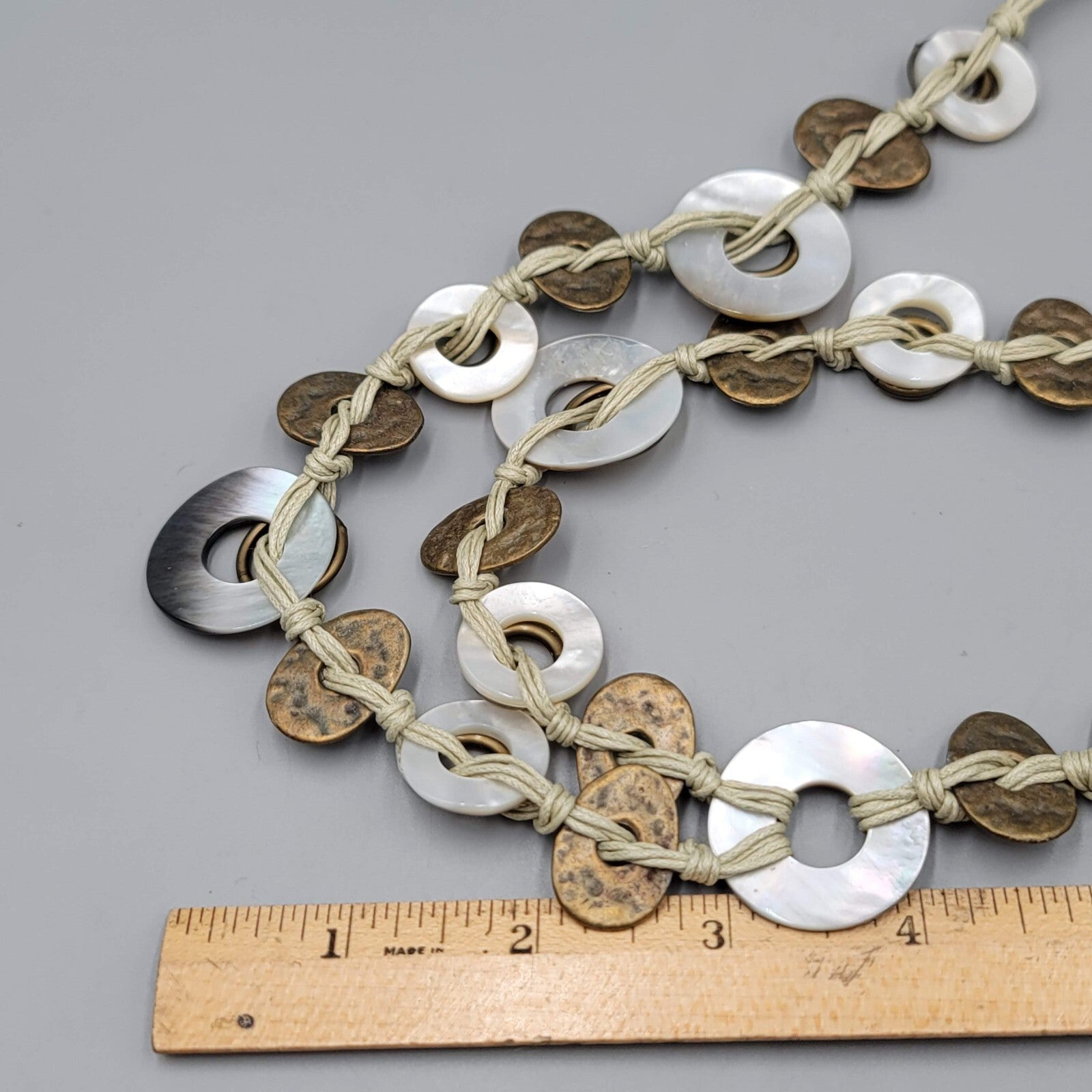 Shell Disc Necklace Cord Long Statement Bronze tone 32"