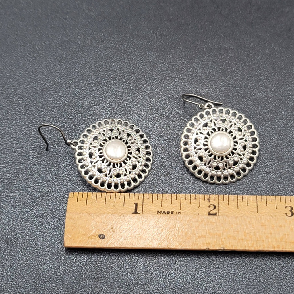 Pierced Earrings Silver tone Faux Pearl Open Work Medallion Dangle 1"