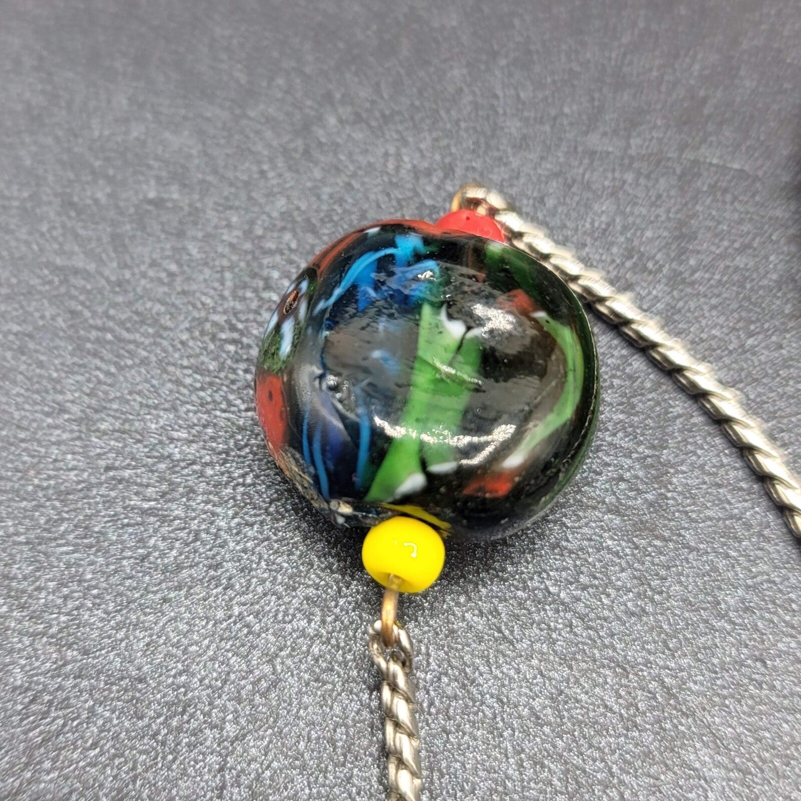 Art Glass Bead Necklace Silver tone Station Bead 44"