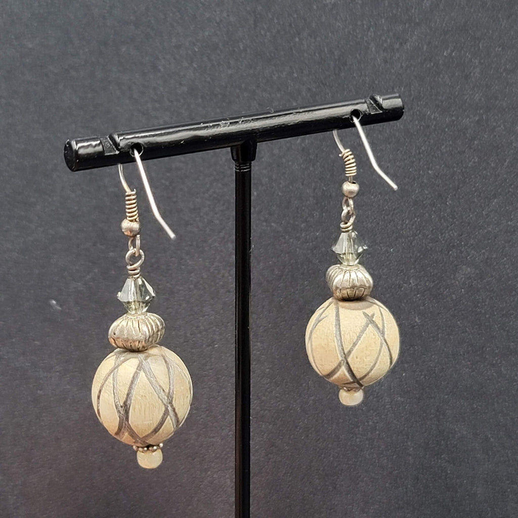 Vintage Pierced Earrings Silver tone Crystal and Wood Carved Bead Dangle 1.5"