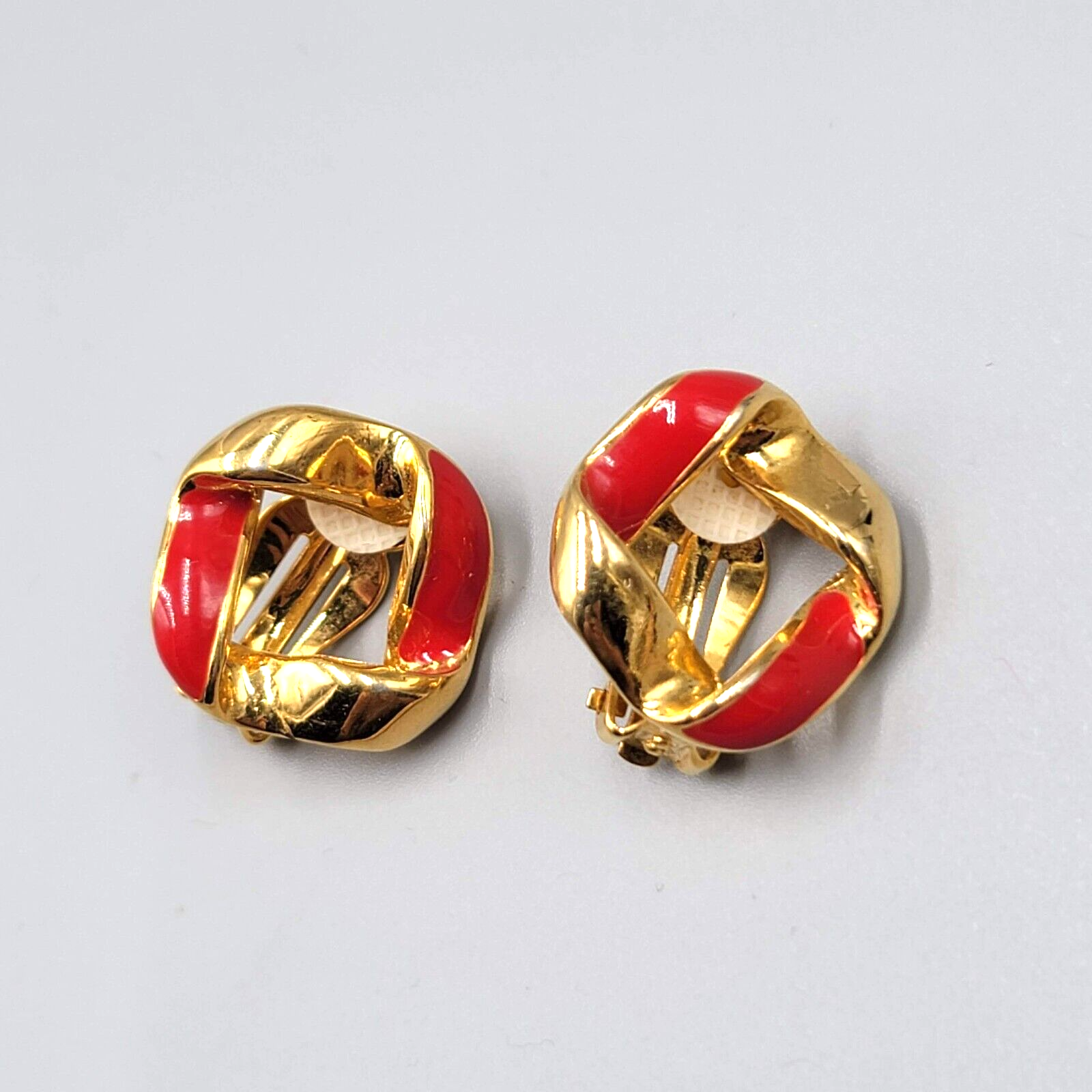 Vintage Clip on Earrings Red Enamel Gold tone Open Center 7/8"