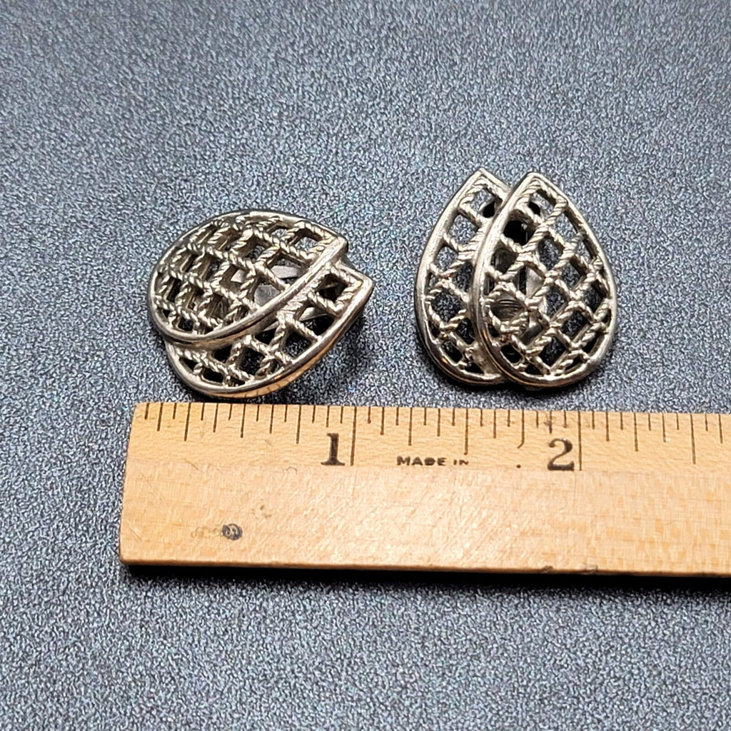 Vintage Clip on Earrings Silver tone Open Work Double Teardrop 1"