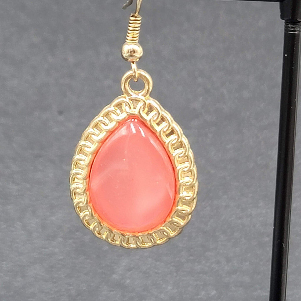 Pierced Earrings Gold tone Pink Translucent Resin Teardrop Dangle 1"