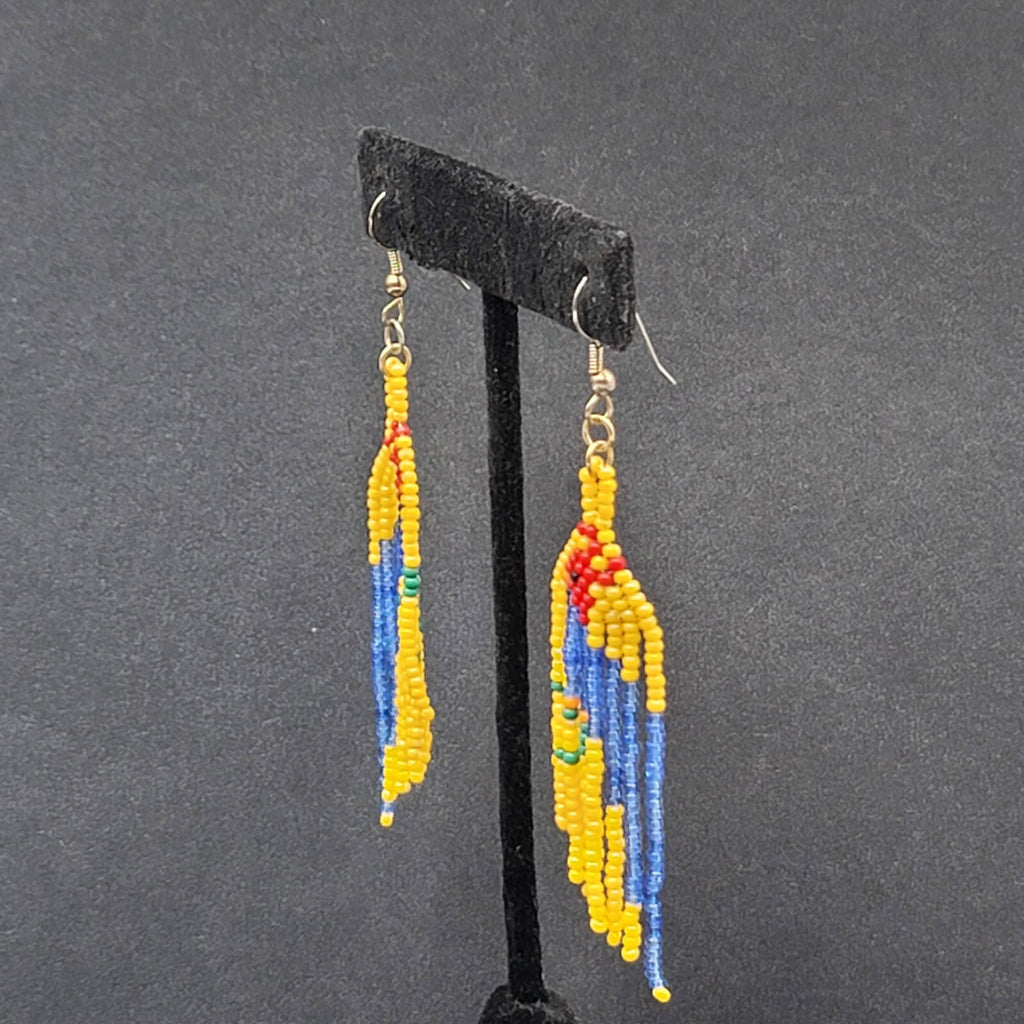 Vintage Pierced Earrings Yellow Seed Bead Parrot Bird Dangle 2.75"
