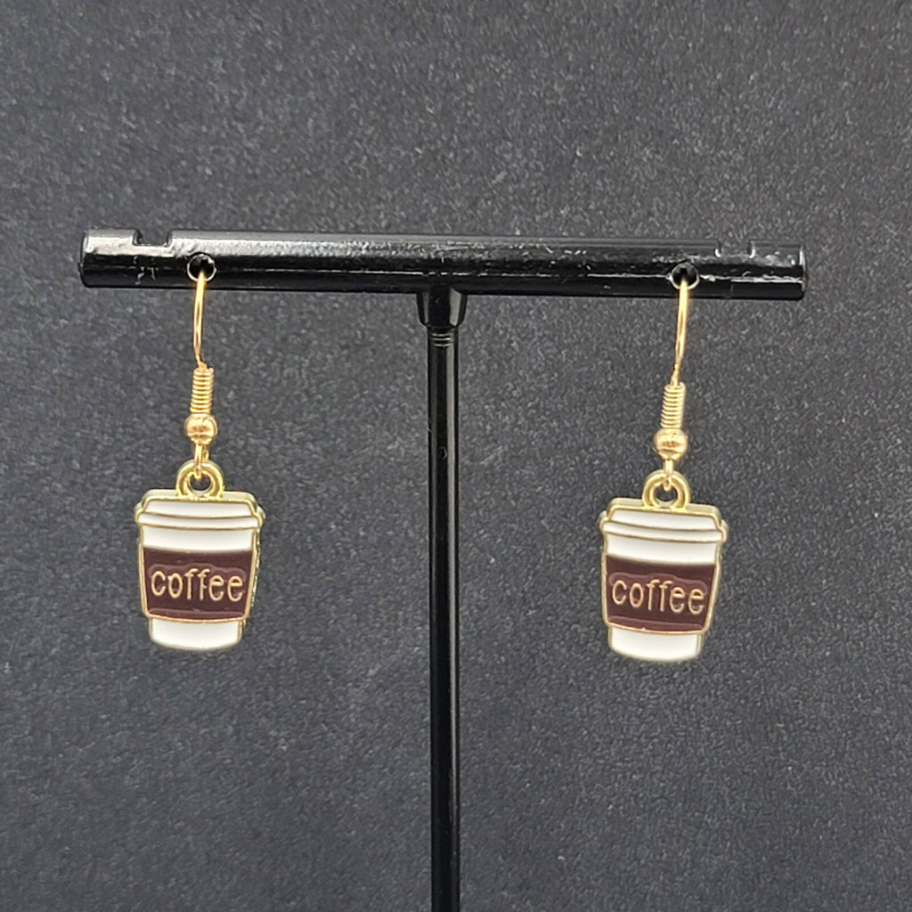 Coffee Pierced Earrings White Brown Enamel Gold tone Dangle New 5/8"