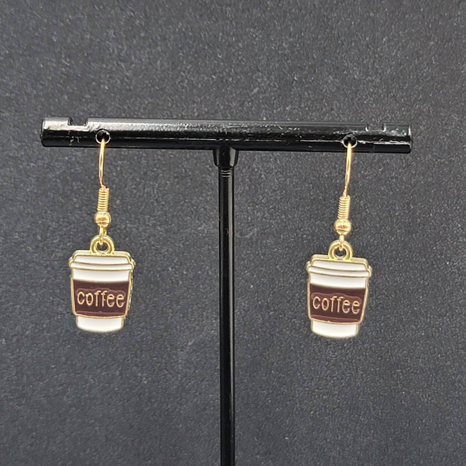 Coffee Pierced Earrings White Brown Enamel Gold tone Dangle New 5/8"
