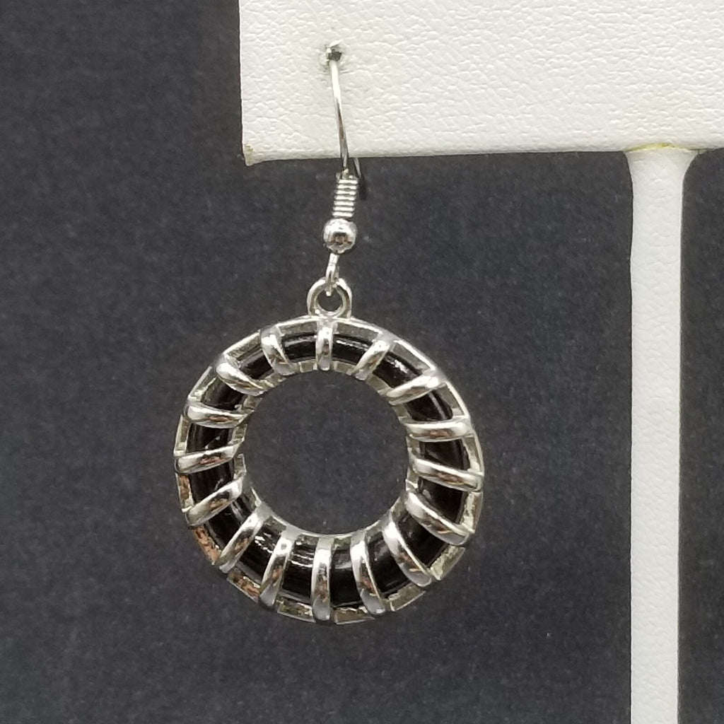 Pierced Earrings Silver tone Black Acrylic Geometric Ring Statement Dangle 1"
