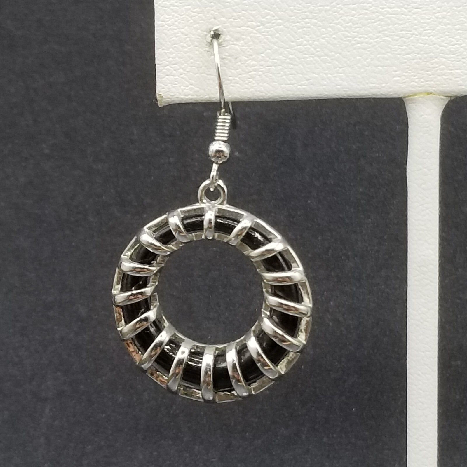 Pierced Earrings Silver tone Black Acrylic Geometric Ring Statement Dangle 1"