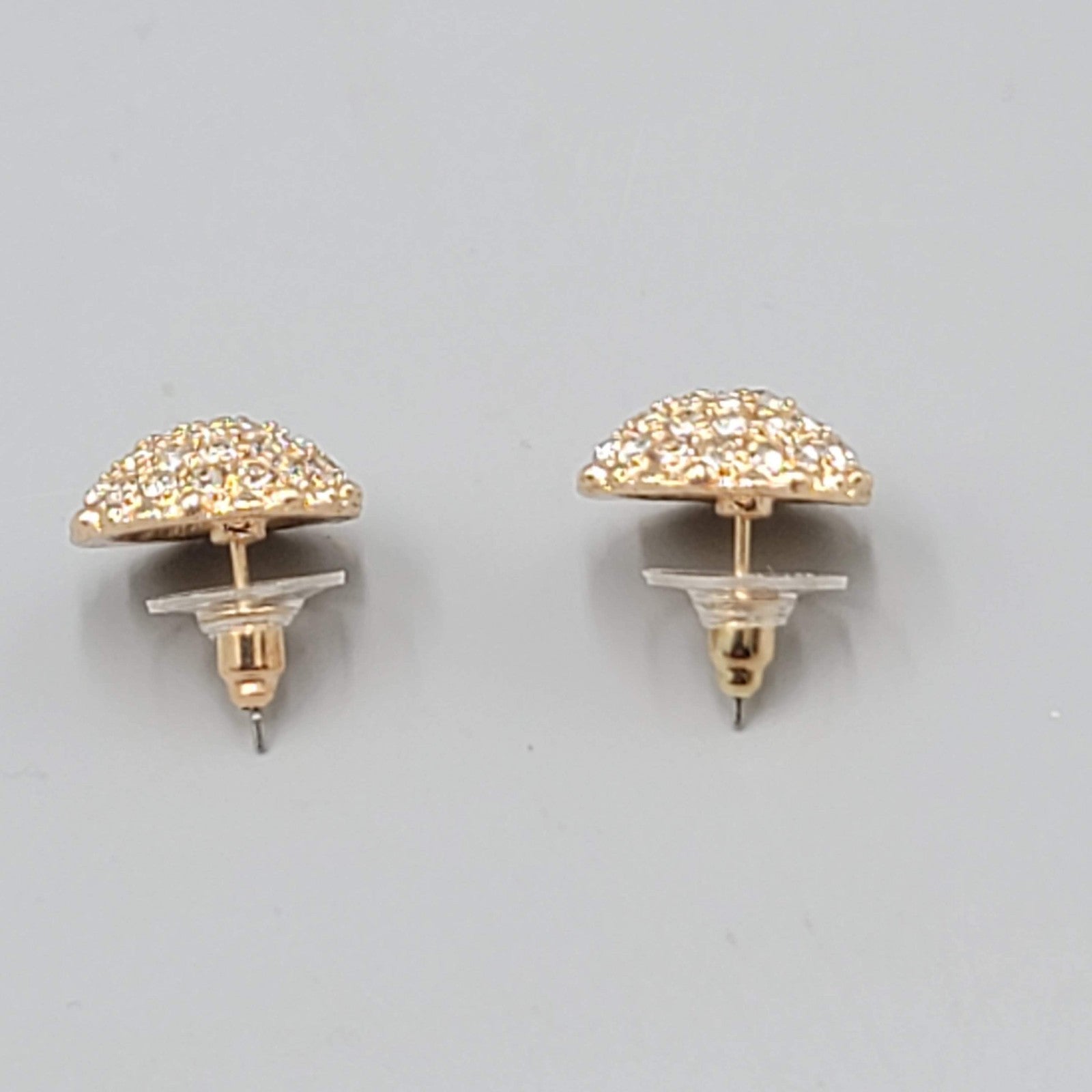 Dome Pierced Earrings Gold tone Clear Rhinestone 5/8 in