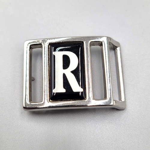 1983 AVON VINTAGE BELT BUCKLE INITIAL R SILVER TONE METAL BLACK ACCENT