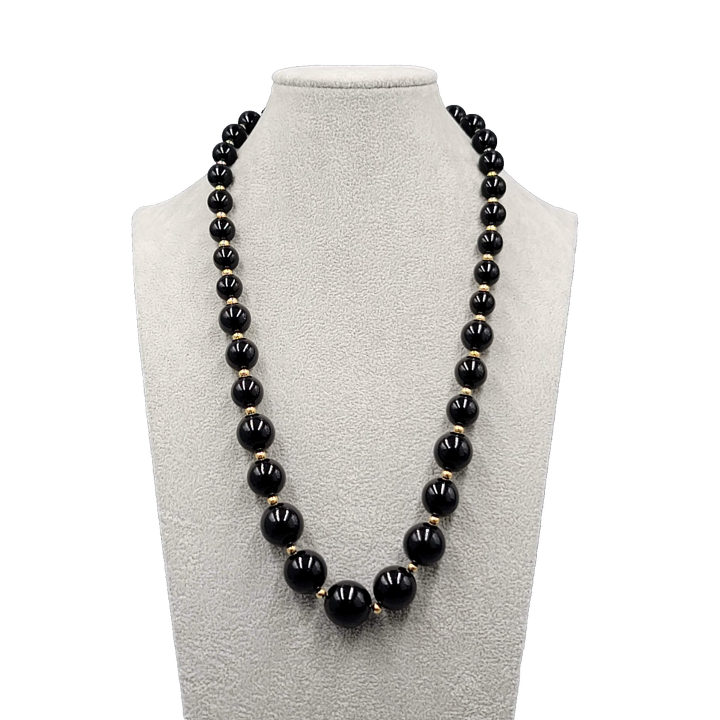 Vintage Hidden Clasp Necklace Graduated Black Bead Gold tone Spacers 24"