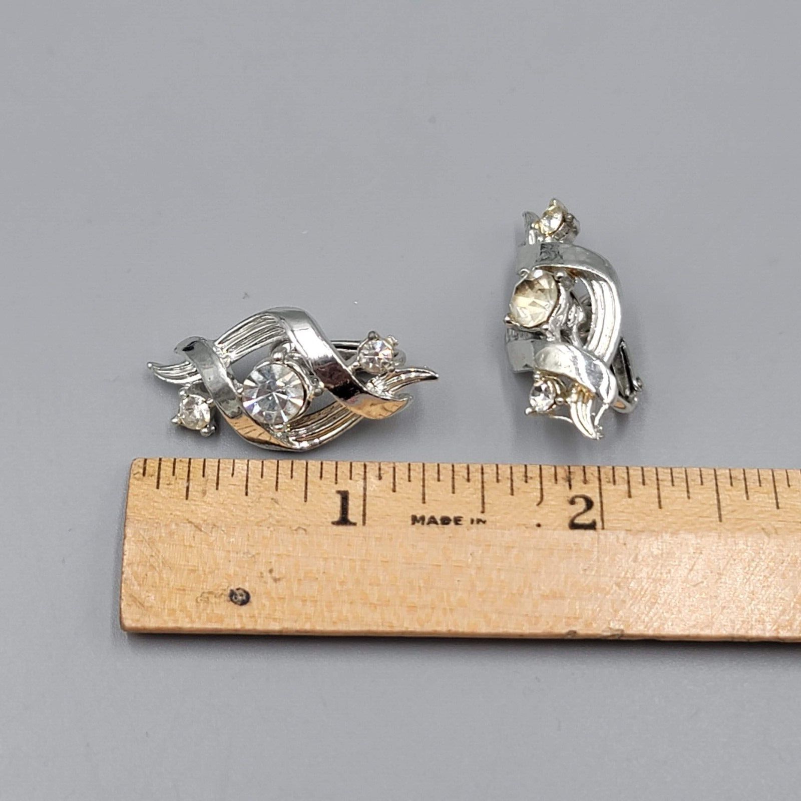 Vintage Clip on Earrings Silver tone Climber Rhinestone Twirl 1 1/8"