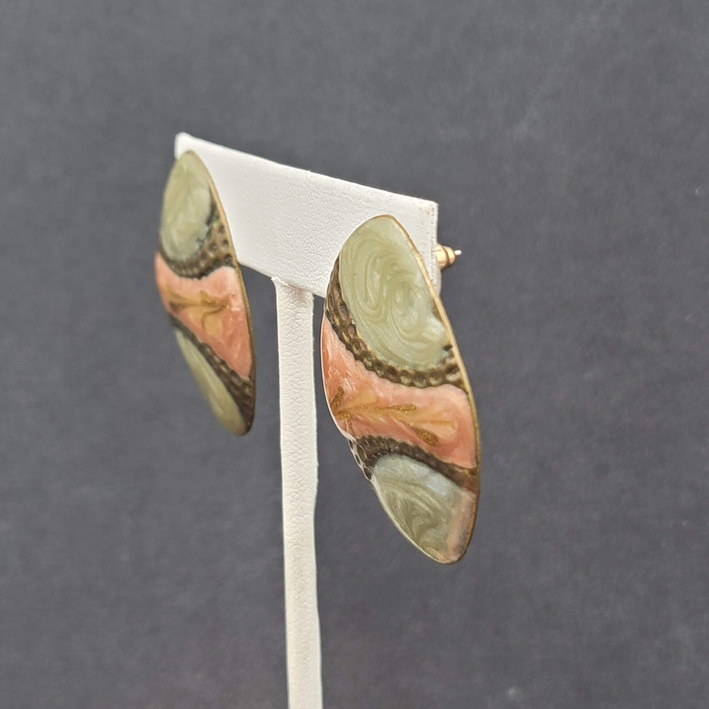Vintage Pierced Earrings Mauve Pink Sage Green Enamel over Metal Drop 1.5"