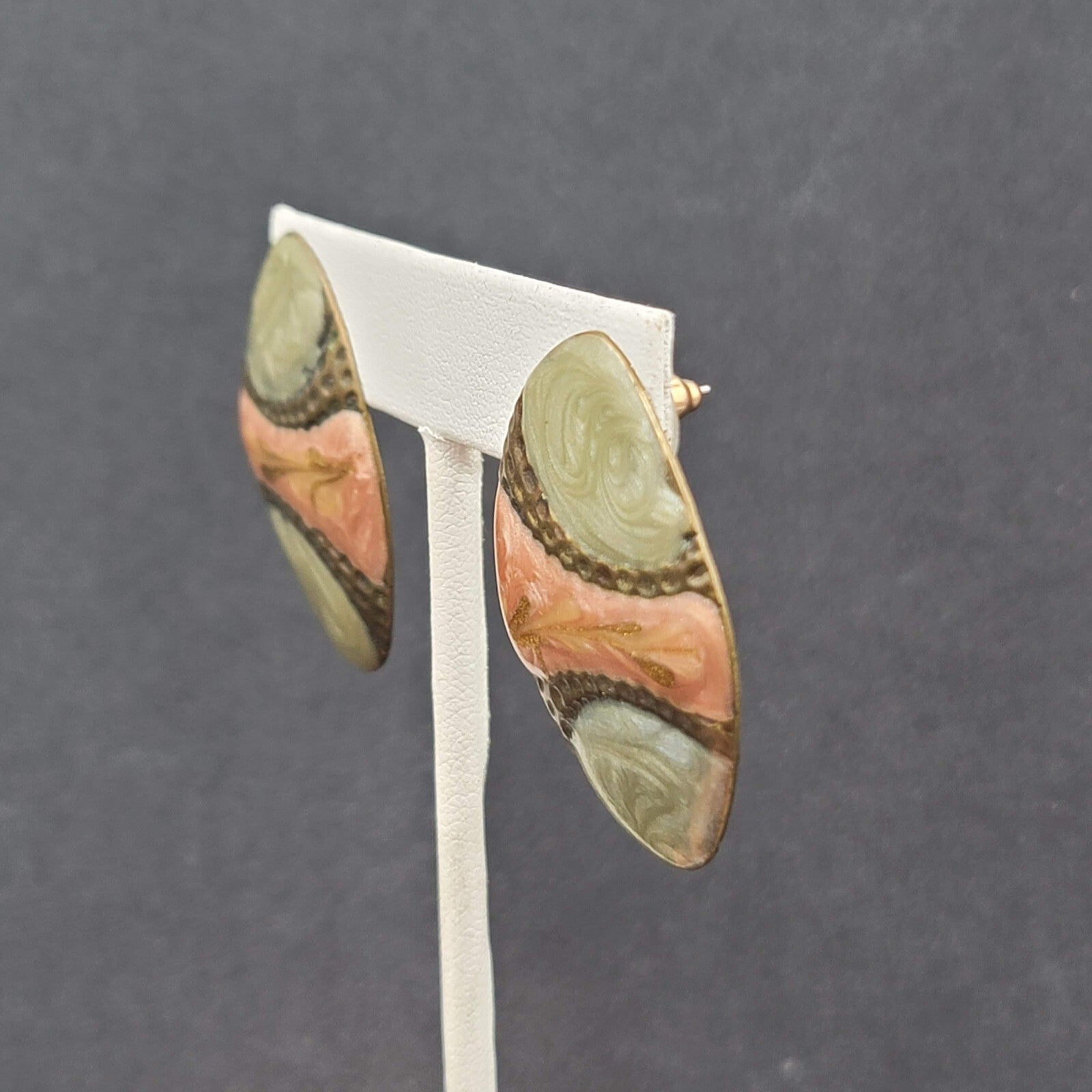 Vintage Pierced Earrings Mauve Pink Sage Green Enamel over Metal Drop 1.5"