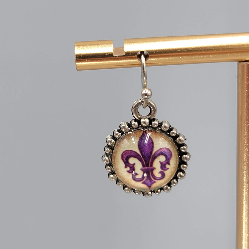 Purple Fleur di Lis Pierced Earrings Silver tone Dangle GlassDome 5/8 in