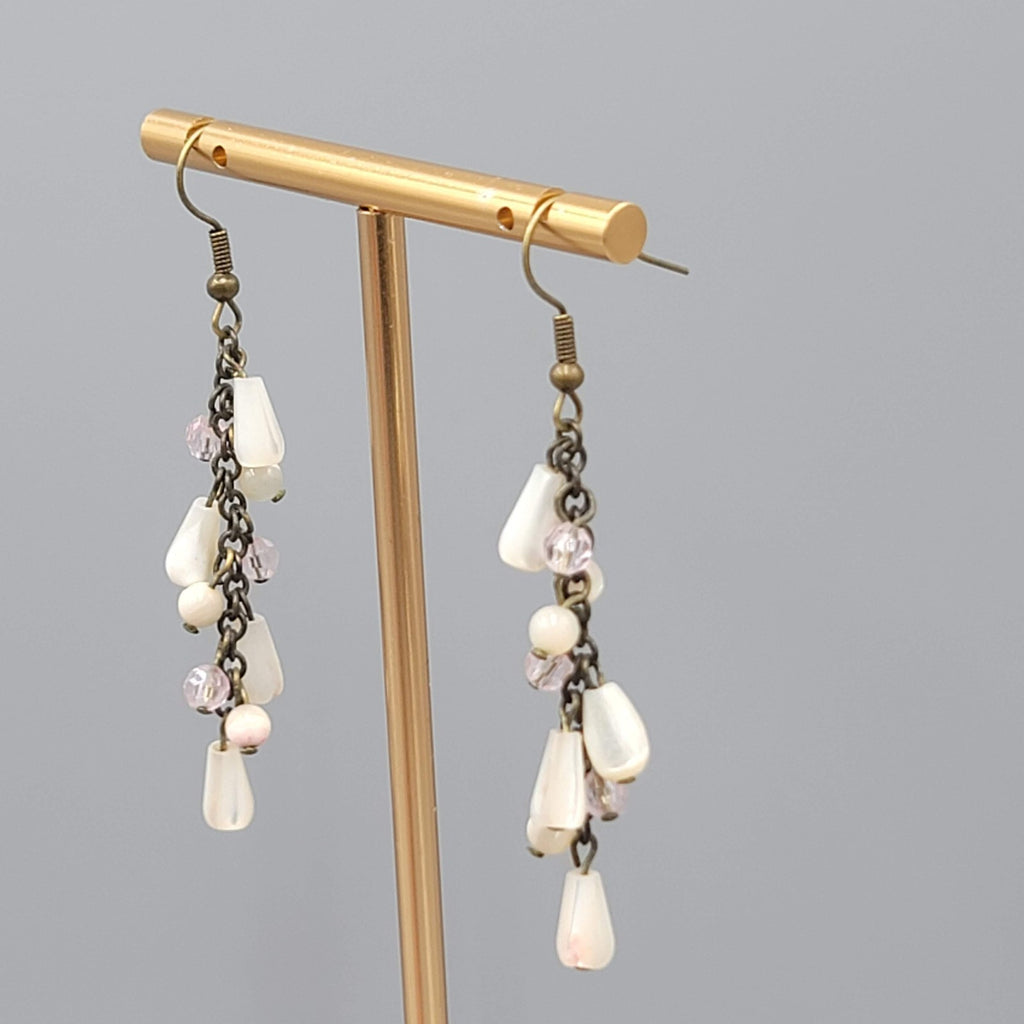 Mother of Pearl Beads Pierced Earrings Bronze tone Dangle 2 in