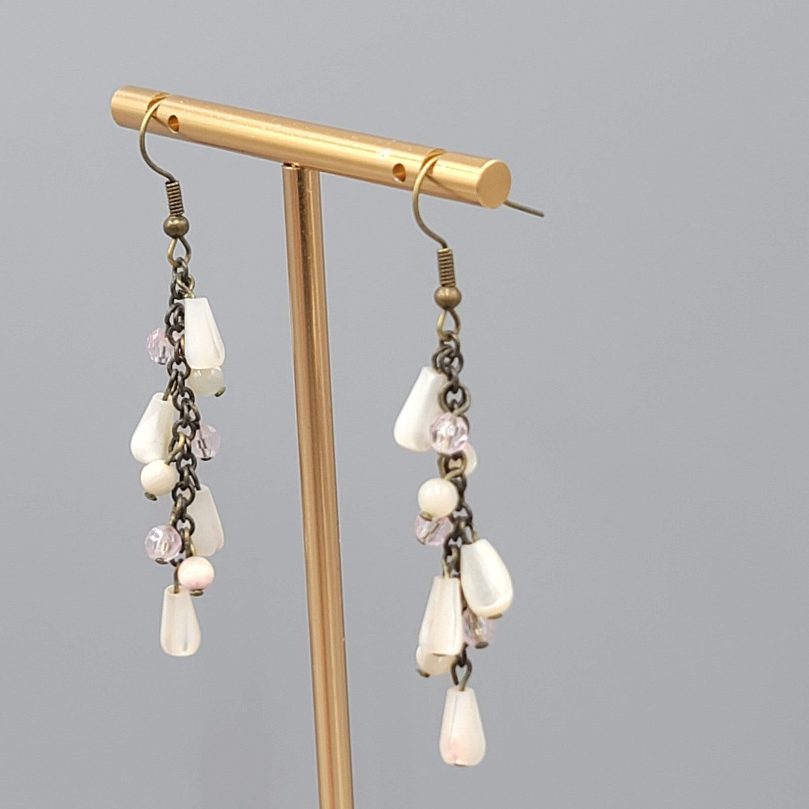 Mother of Pearl Beads Pierced Earrings Bronze tone Dangle 2 in