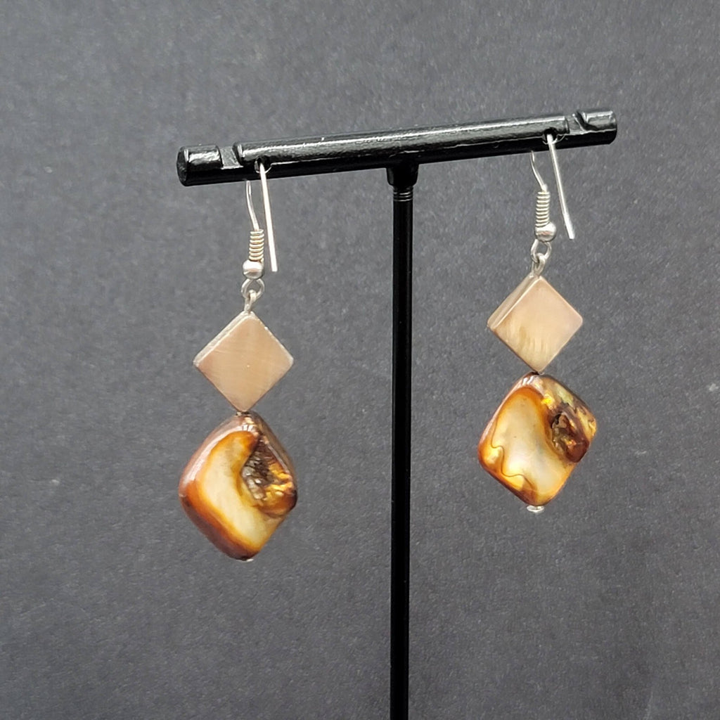 Pierced Earrings Silver tone Dyed Brown Shell Square Beads Dangle 1 3/8"