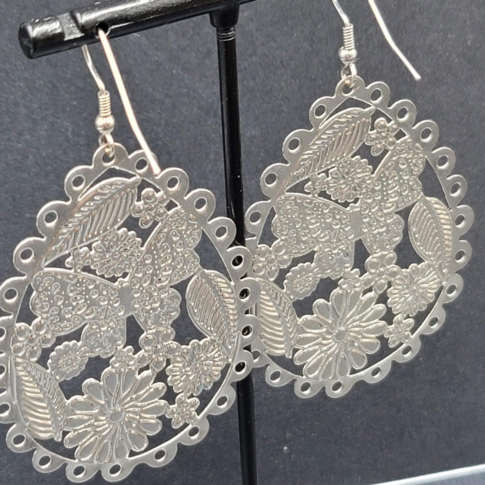 Pierced Earrings Large Silver tone Teardrop Butterfly Flowers Dangle 2.25"