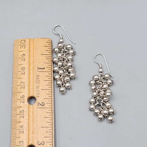 Cluster Bead Pierced Earrings Silver tone Dangle 1.25 in