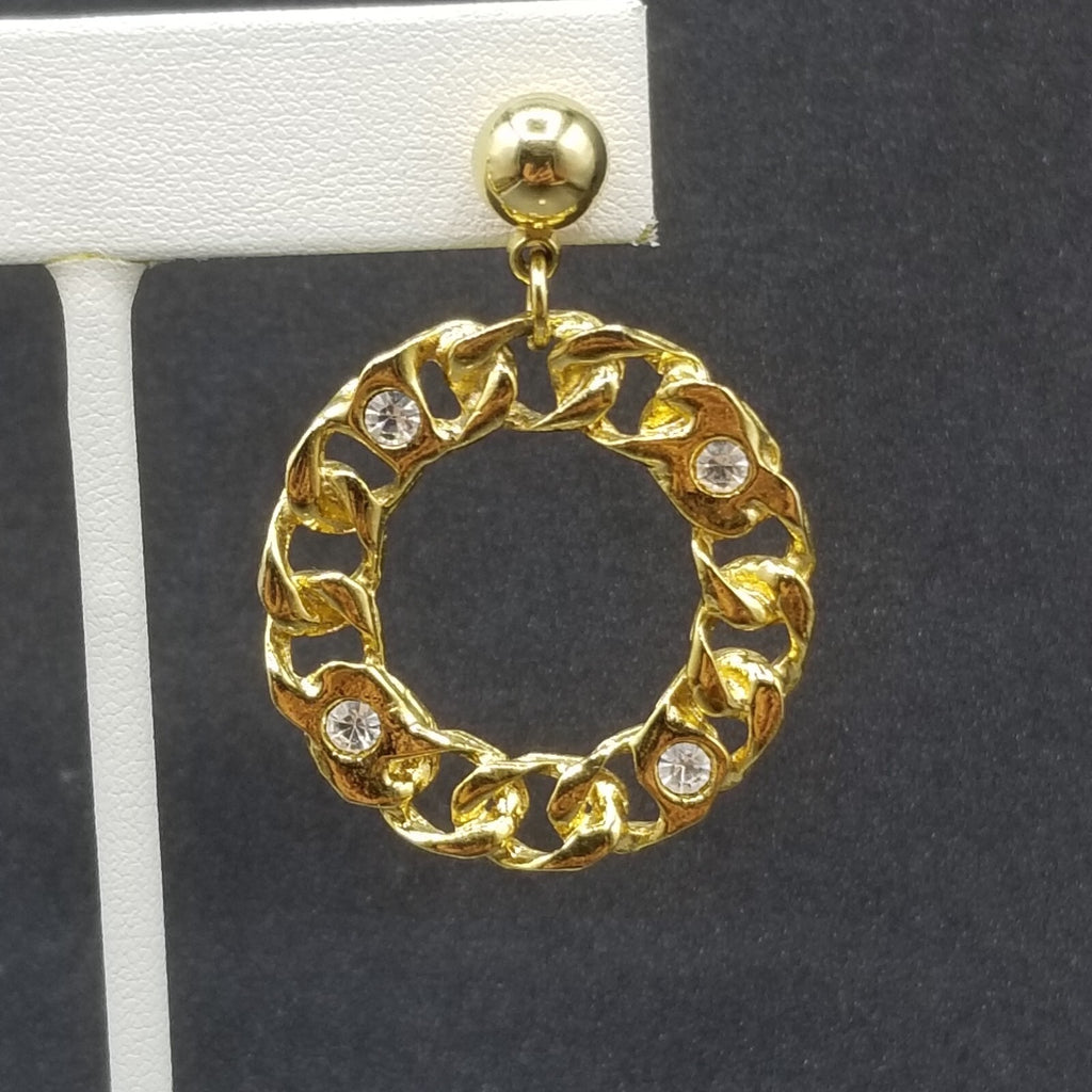 Pierced Earrings Gold tone Crystal Chain Link Open Ring Statement Dangle 1 3/4"