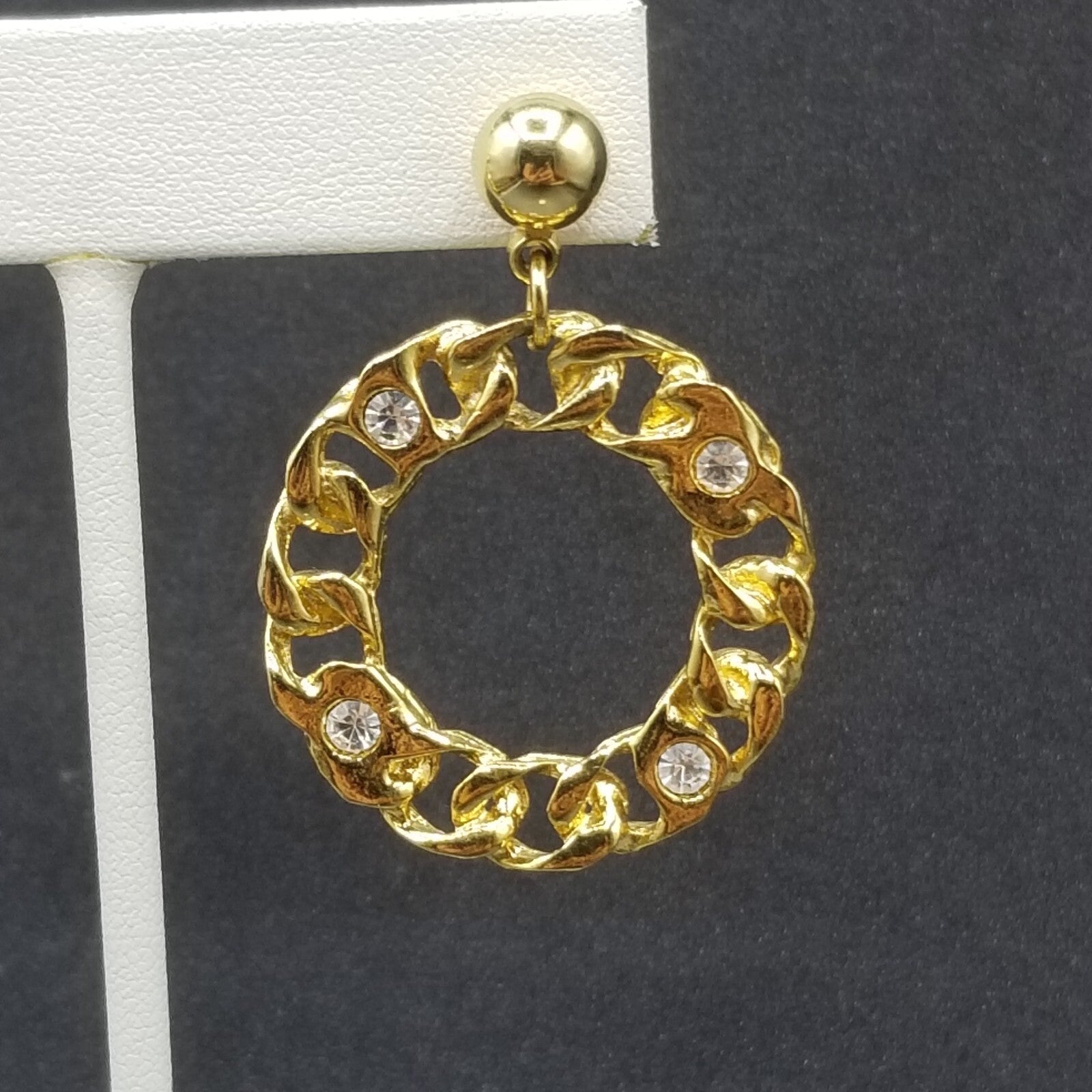 Pierced Earrings Gold tone Crystal Chain Link Open Ring Statement Dangle 1 3/4"