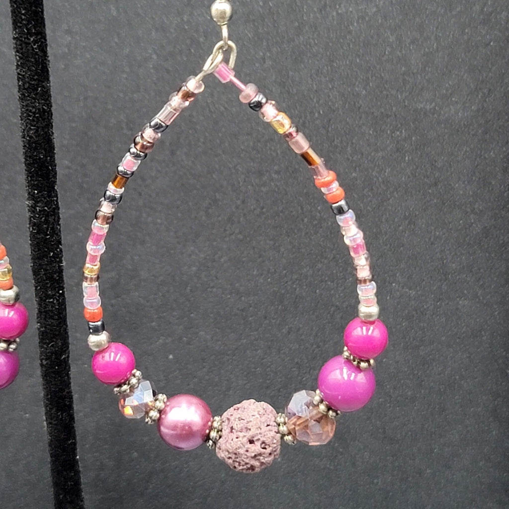 Pierced Earrings Purple Beaded Teardrop Hoops  2.5"