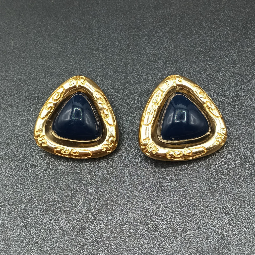 Vintage Clip on Earrings Gold tone Dark Blue Acrylic Soft Triangle Drop 1 3/8"