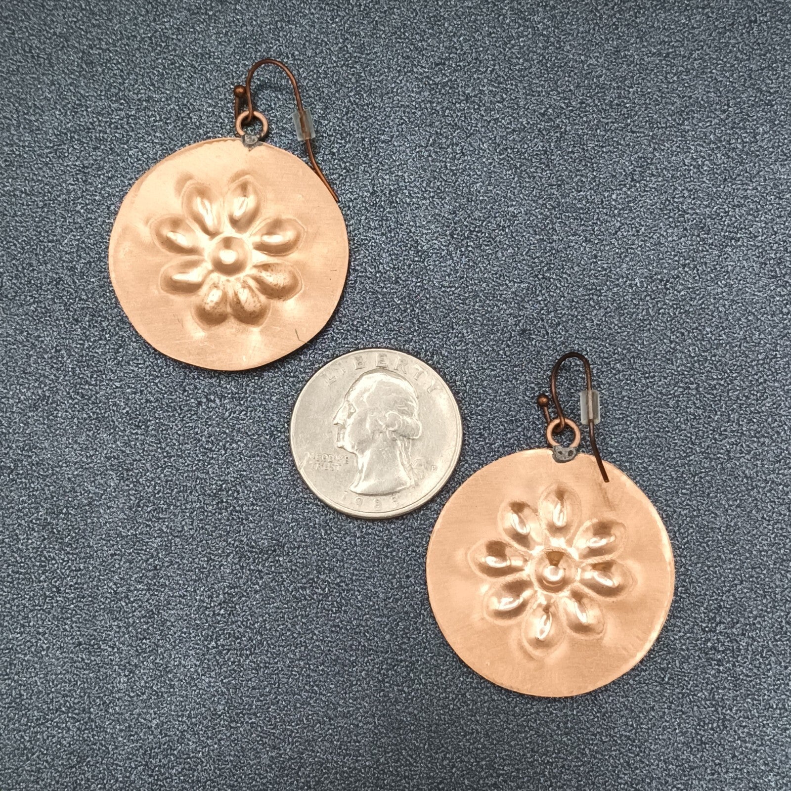 Pierced Earrings Copper tone Blue Enamel Flower Embossed Discs Dangle Boho 1.25"