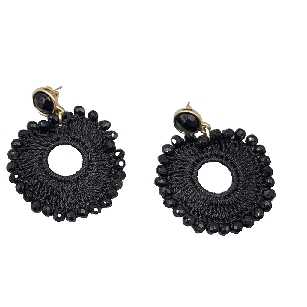 Black Crochet Bead Pierced Earrings Dangle 1.5"