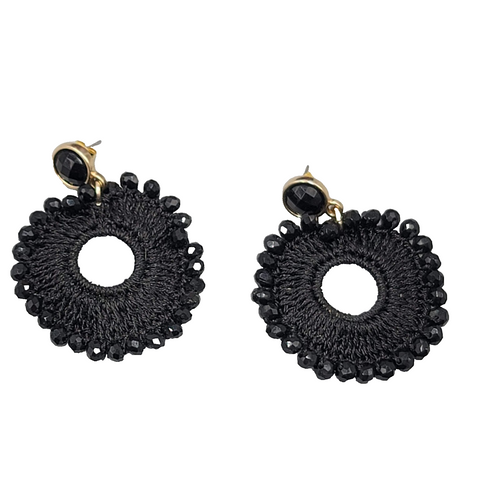 Black Crochet Bead Pierced Earrings Dangle 1.5"