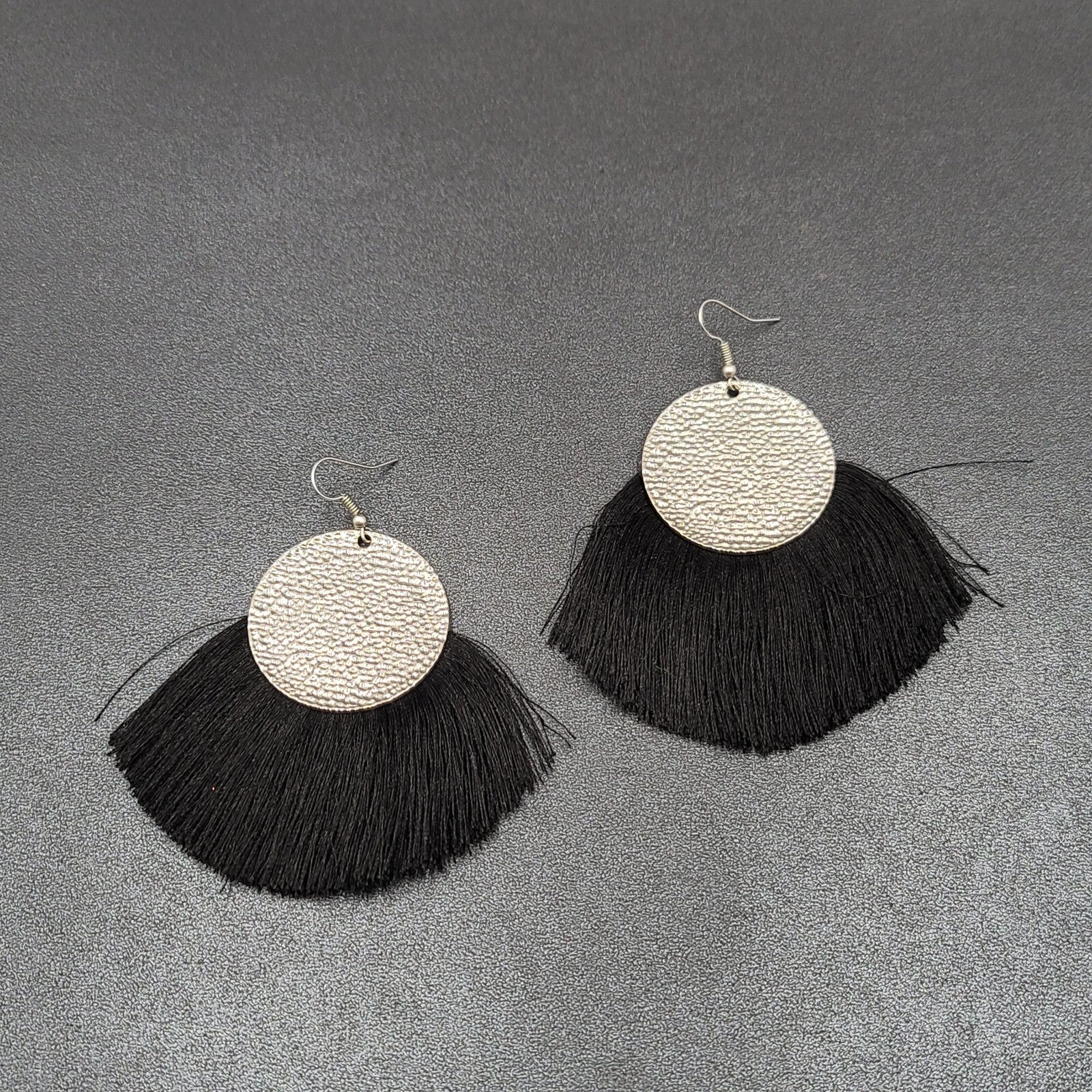 Pierced Earrings Silver tone Black Tassel Statement Dangle 2.5"