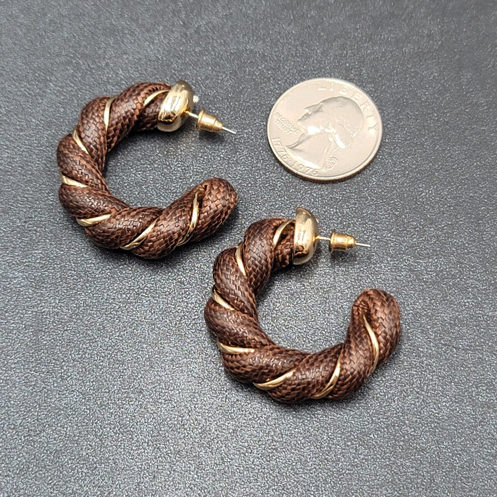 Pierced Earrings Gold tone Brown Fabric Wrapped Drop Hoops 1.5"