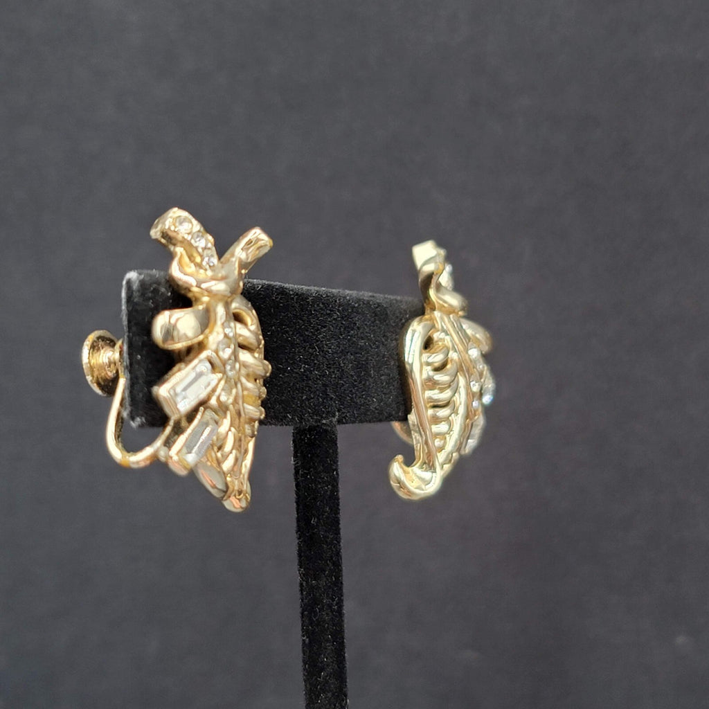 Vintage Clip on Earrings Gold tone Rhinestone Leaf Design Drop Screw Back 1.25"