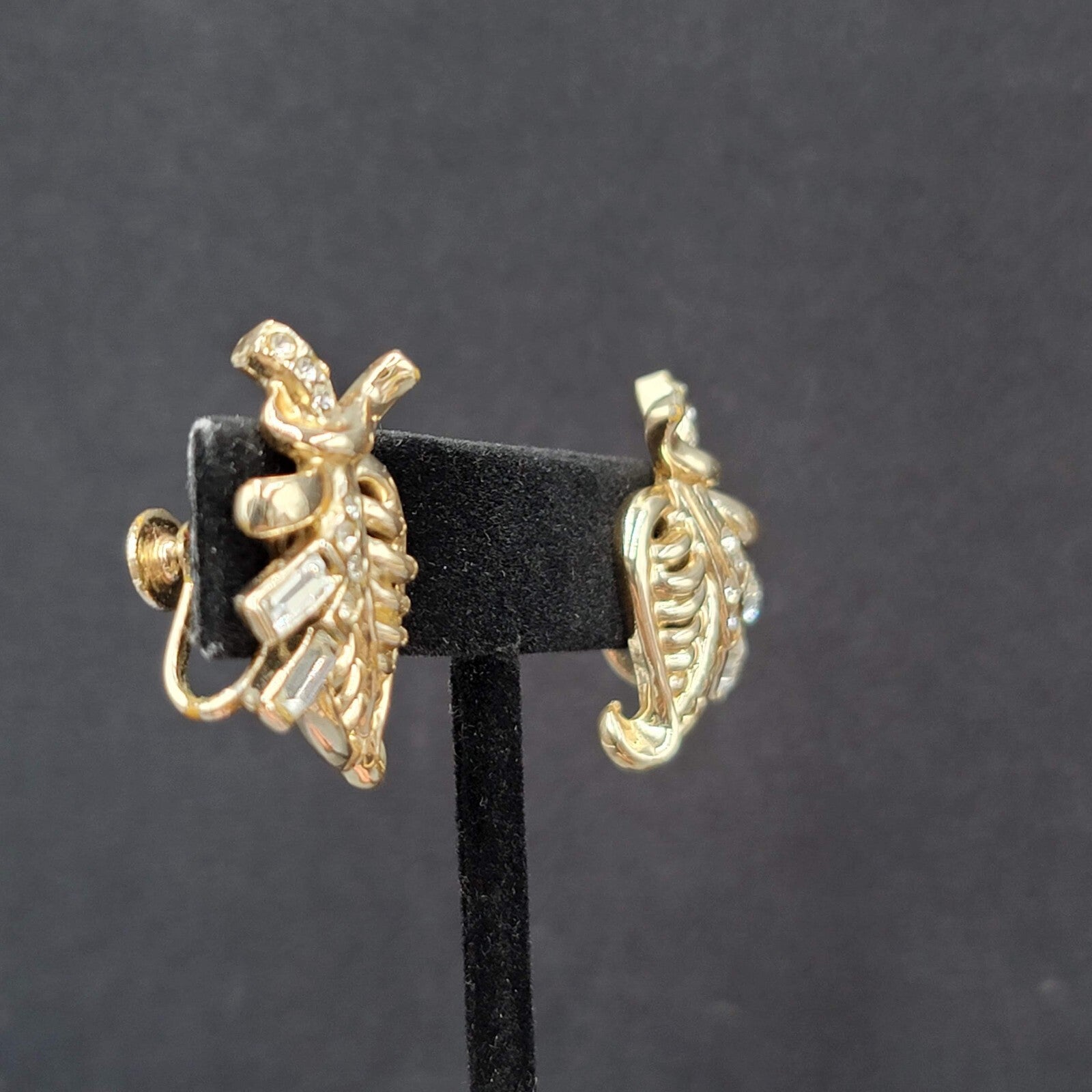 Vintage Clip on Earrings Gold tone Rhinestone Leaf Design Drop Screw Back 1.25"