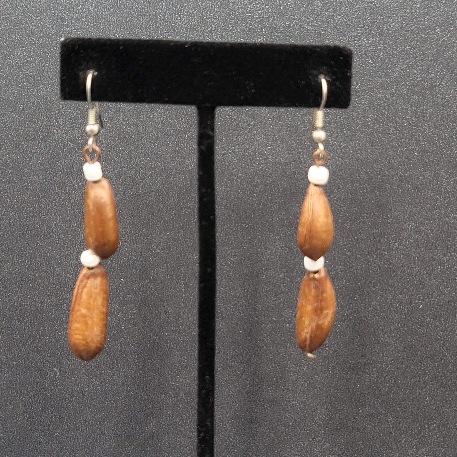 Vintage Pierced Earrings Silver tone Large Brown Seed Beads Long Dangle 2"
