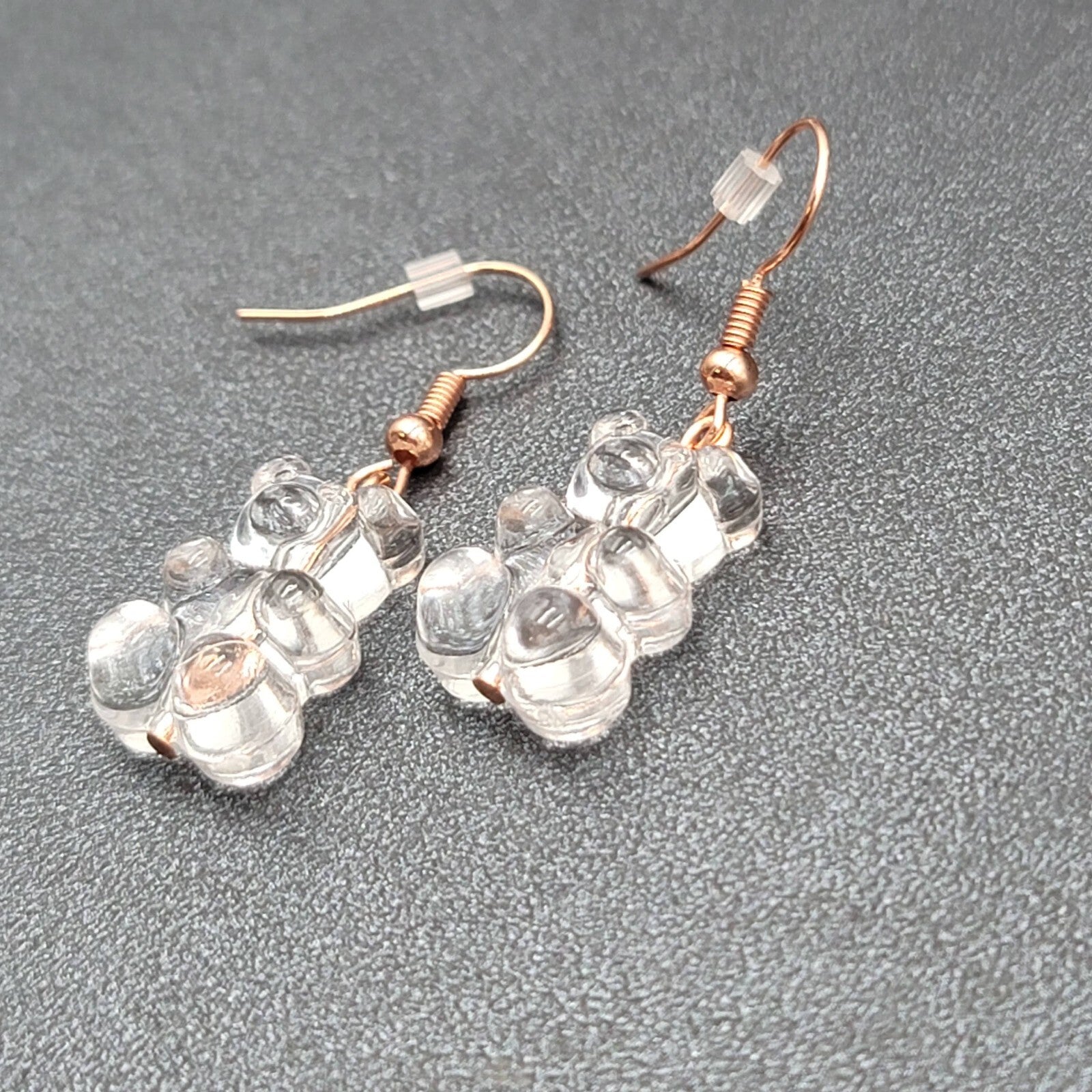 New Clear Gummy Bear Pierced Earrings Rose Gold tone Hooks Dangle 3/4"