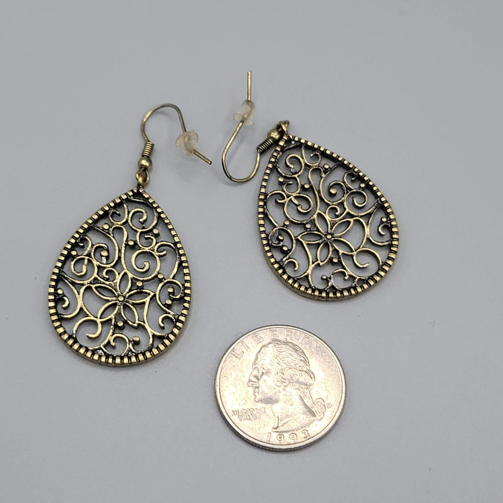 Pierced Earrings Bronze tone Filigree Teardrop Dangle 1.5"